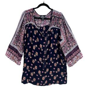 ANGIE Women‎ Large Black Multi Floral Print Tassel Boho Tunic Top - READ